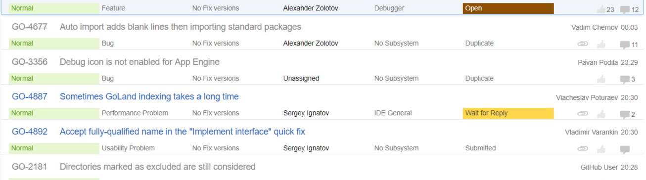 Golang issue tracker on JetBrains